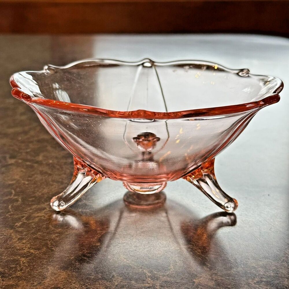 Rare Vintage Pink‎ Depression Lancaster Jubilee 3 Footed bowl 3"H x 6.25”W